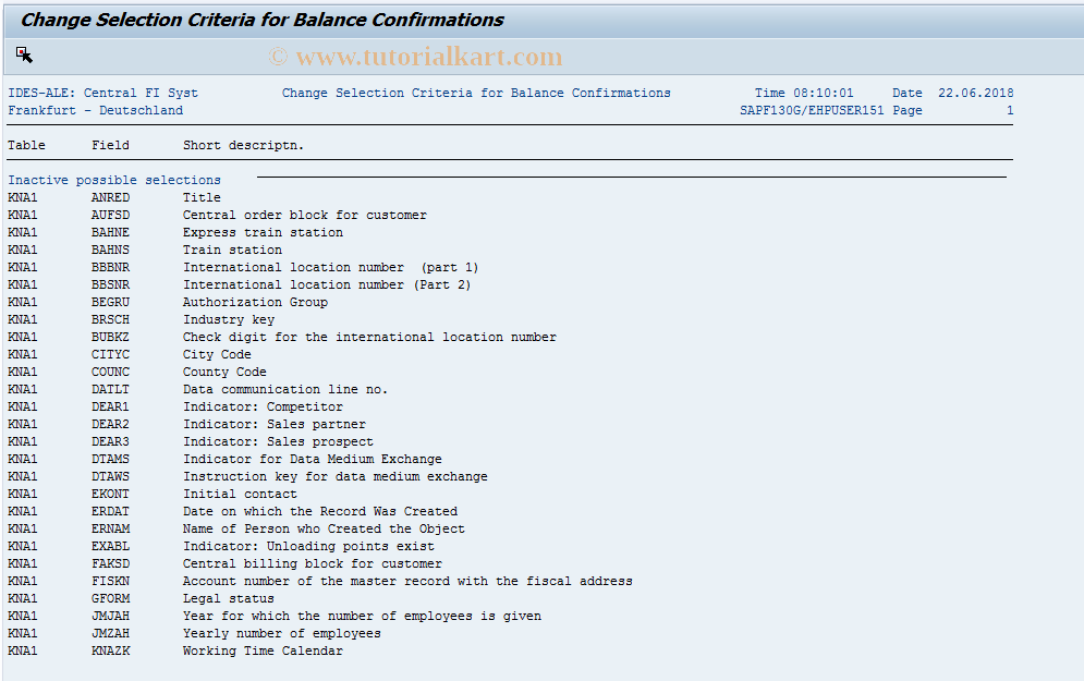 SAP TCode FSSP - Change Bal.Confirmatns Sel.Criteria