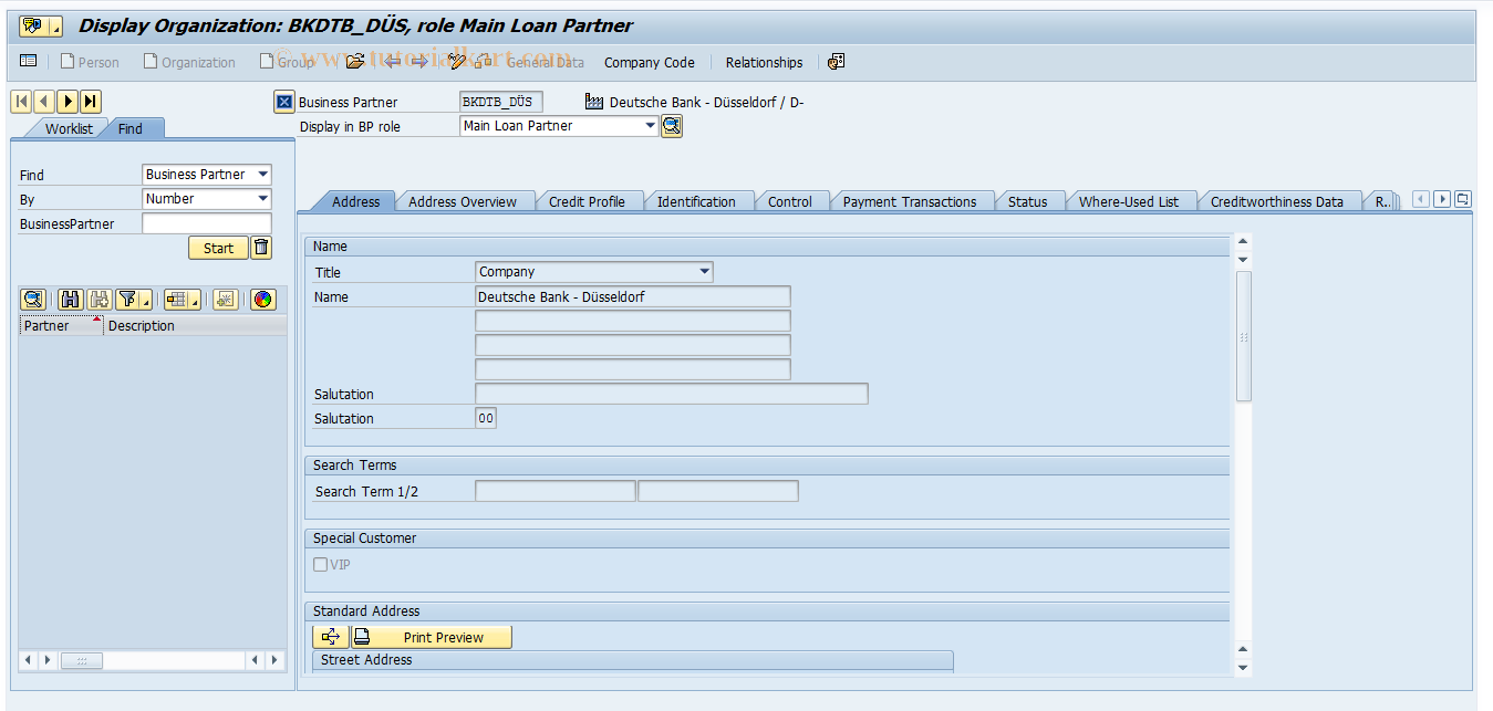 SAP TCode FTB01003 - Display Principal Loan Partner
