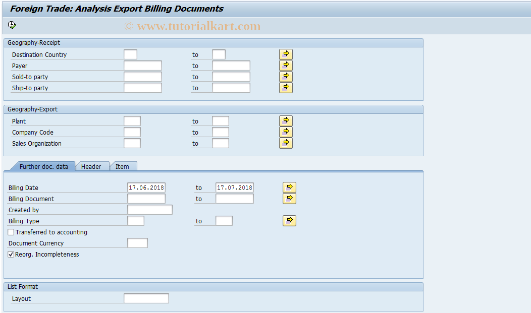 SAP TCode FTEX - Exp.bill.doc.analysis