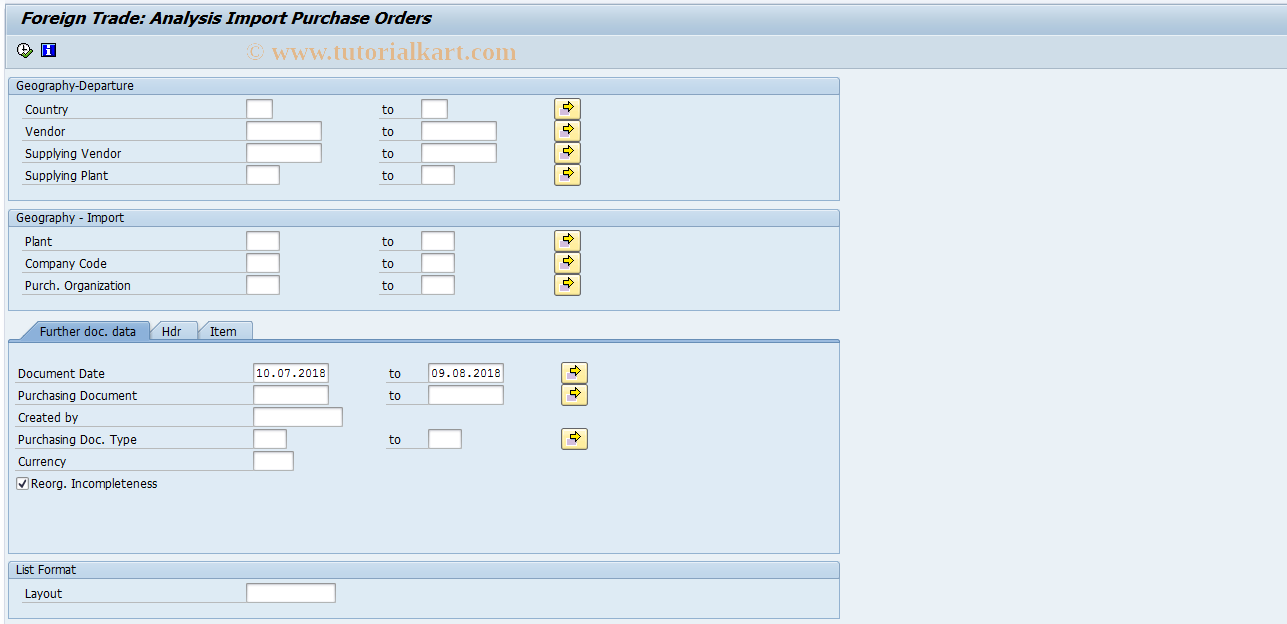 SAP TCode FTIM - Import Order Analysis