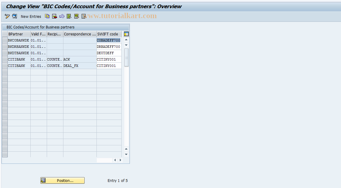 SAP TCode FTR_BP_BIC - Maintain BIC/Account for BP