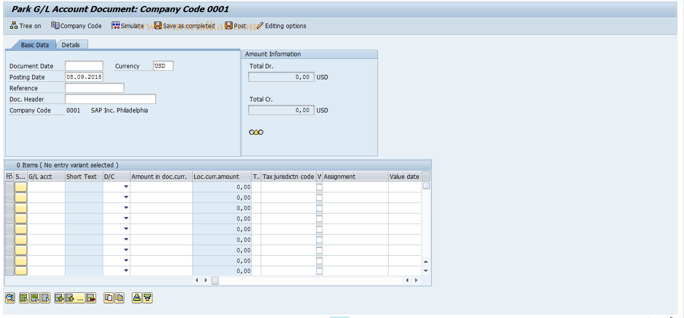 SAP TCode FV50 - Park G/L Account Items