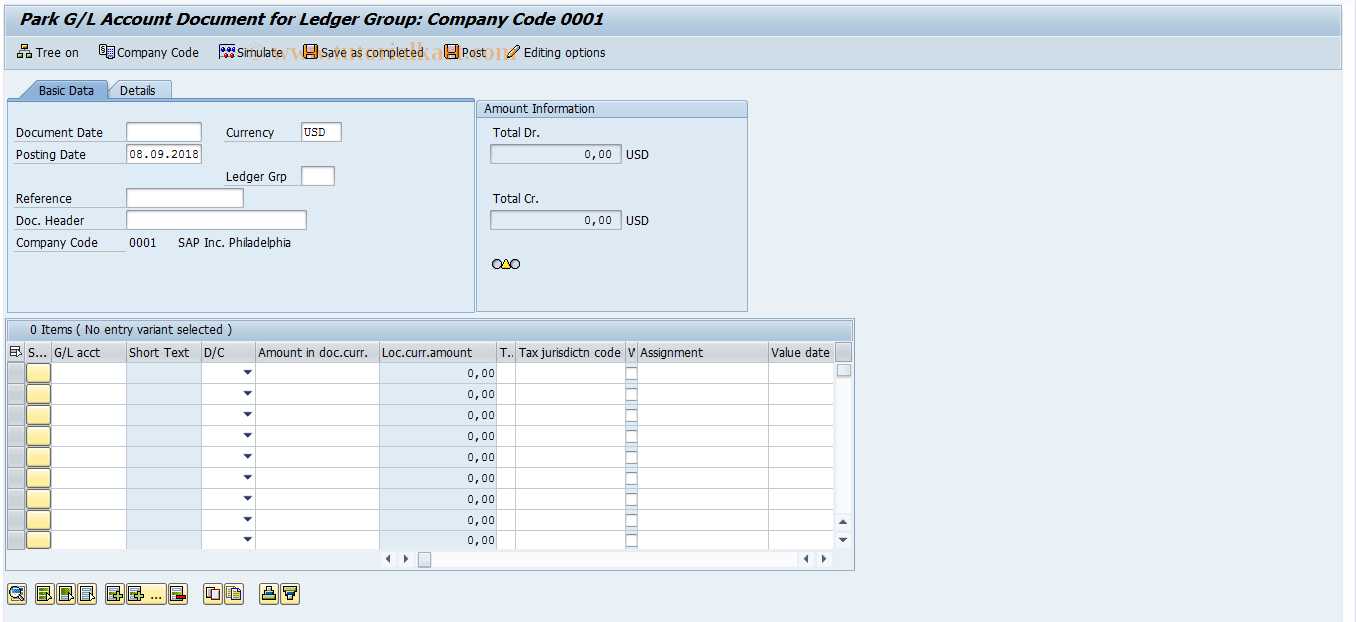 SAP TCode FV50L - Park G/L Account Document for Ledger Group