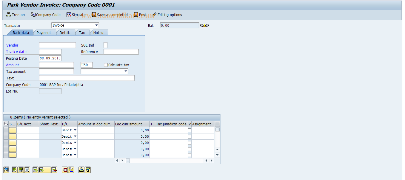 SAP TCode FV60 - Park Incoming Invoices