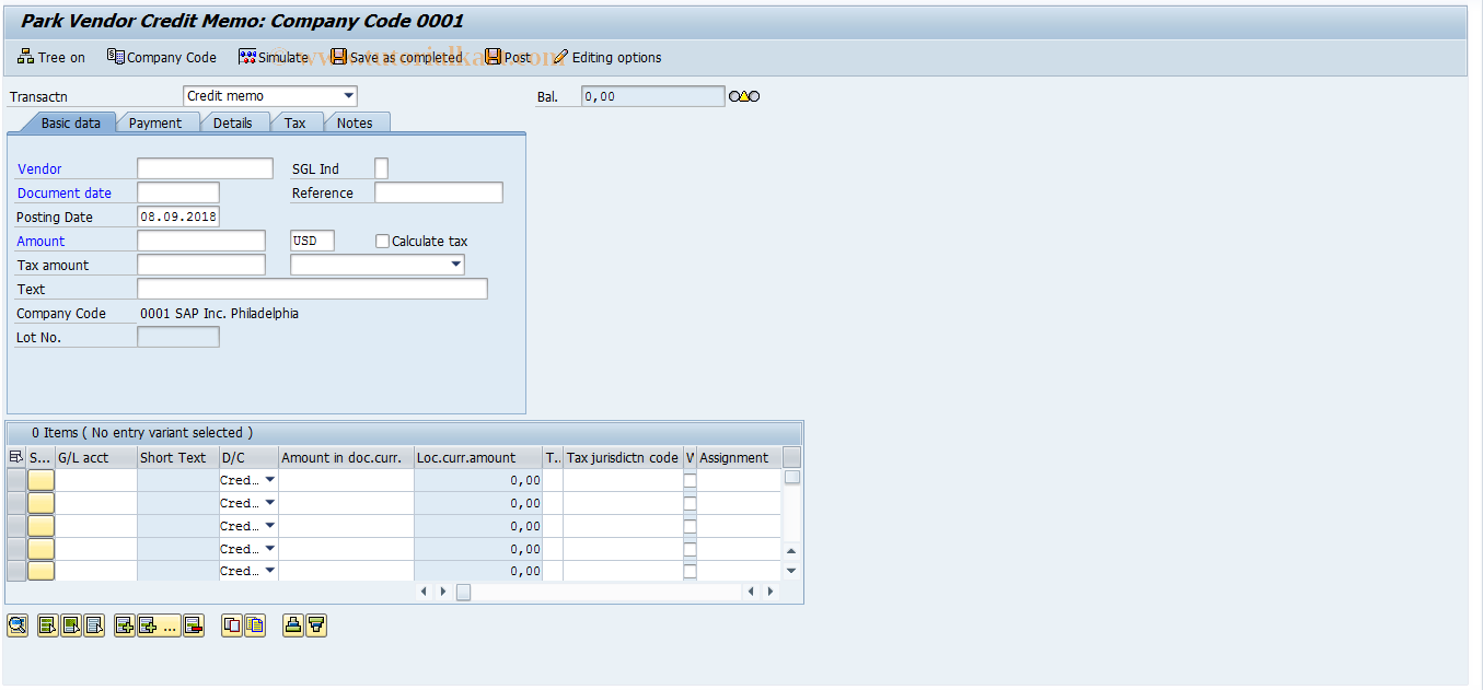 SAP TCode FV65 - Park Incoming Credit Memos