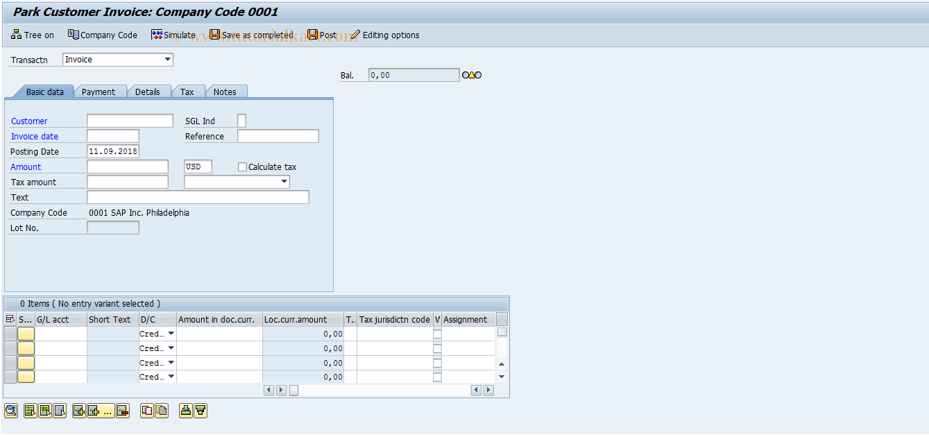 SAP TCode FV70 - Preliminary Entry Outbound Invoices