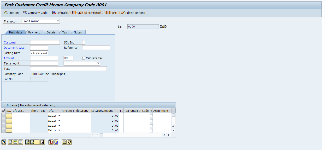 SAP TCode FV75 - Park Outgoing Credit Notes