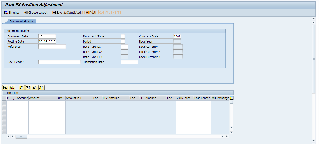 SAP TCode FVMCA01A - Park FX Position Adjustment