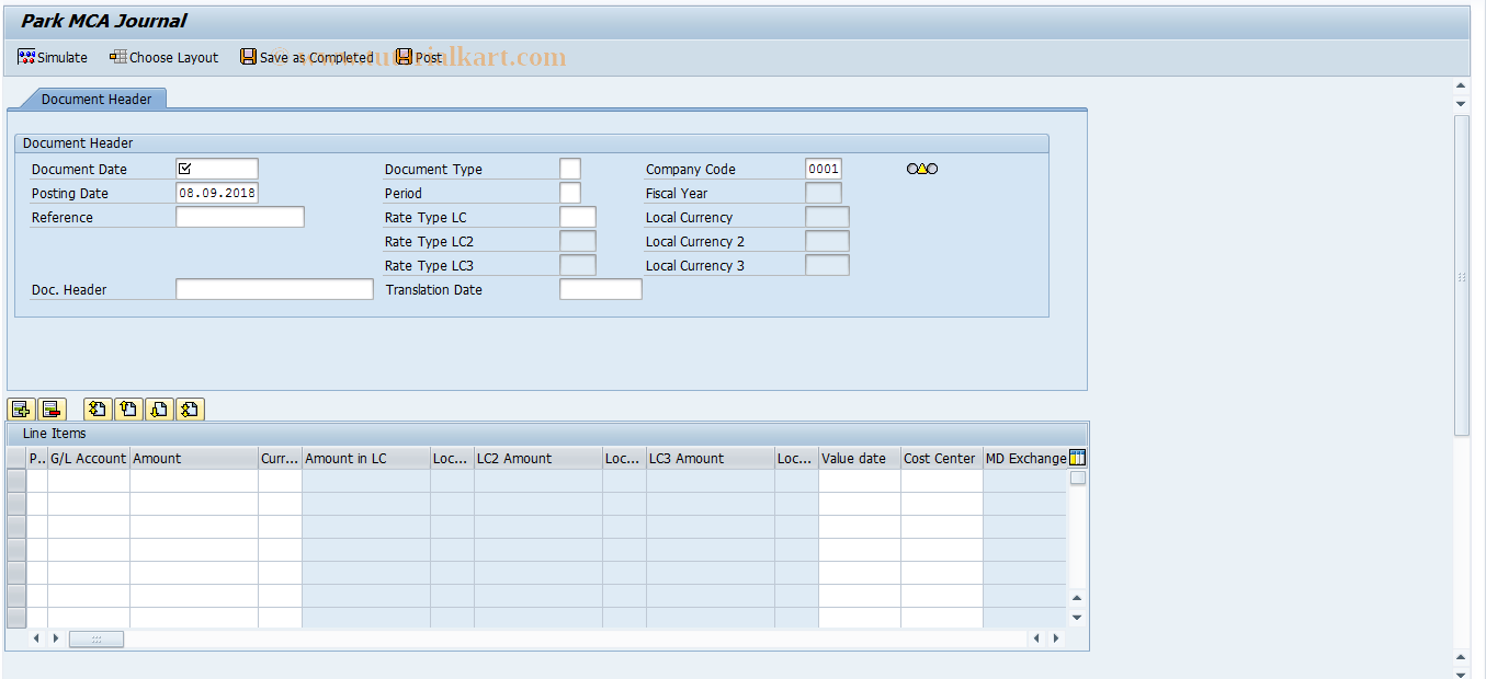 SAP TCode FVMCA01J - Park MCA Journal