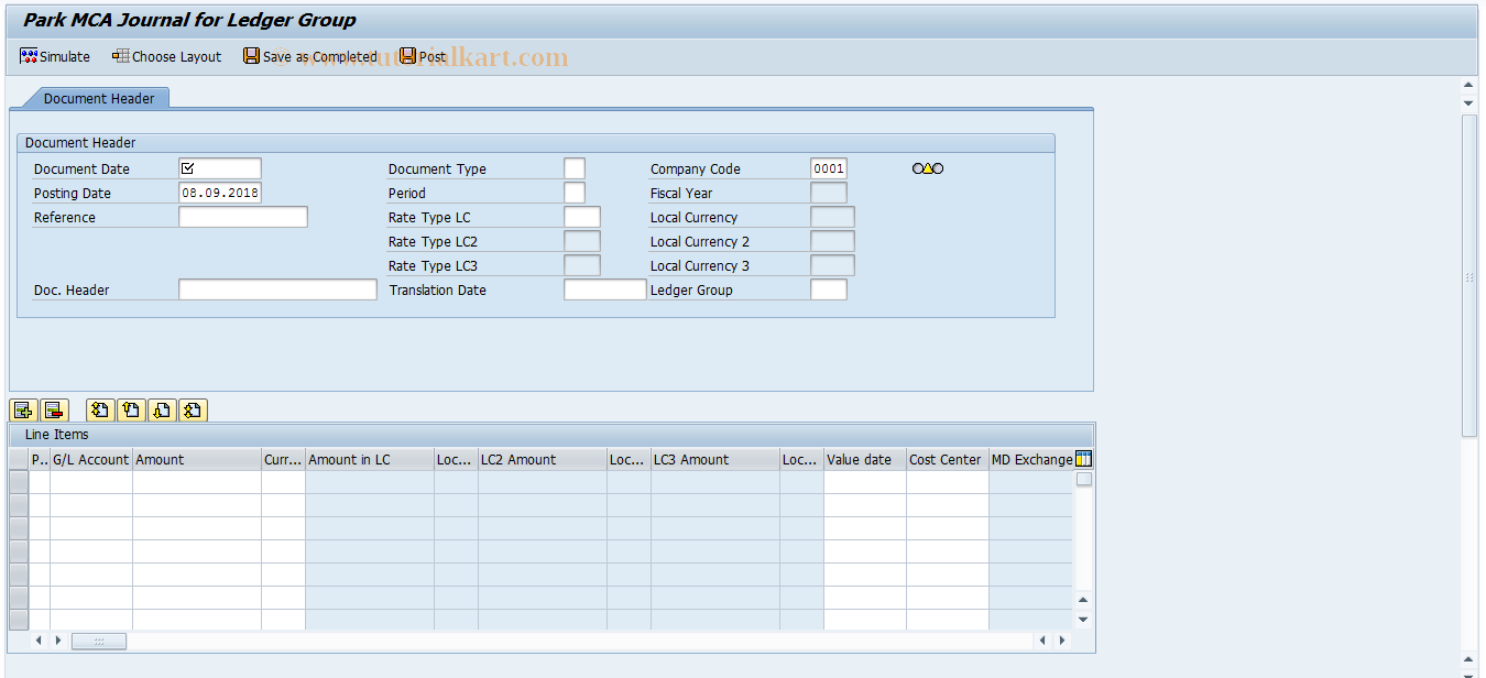 SAP TCode FVMCA01JL - Park MCA Journal for Ledger Group