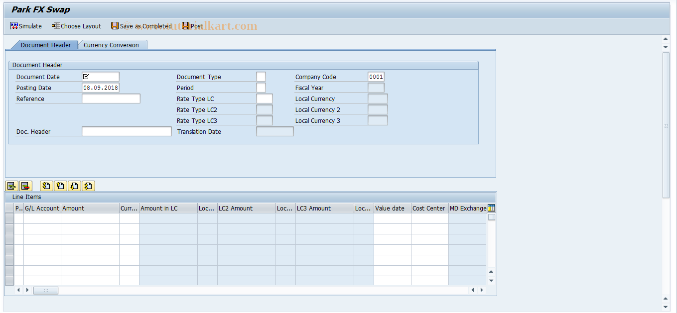 SAP TCode FVMCA01S - Park FX Swap