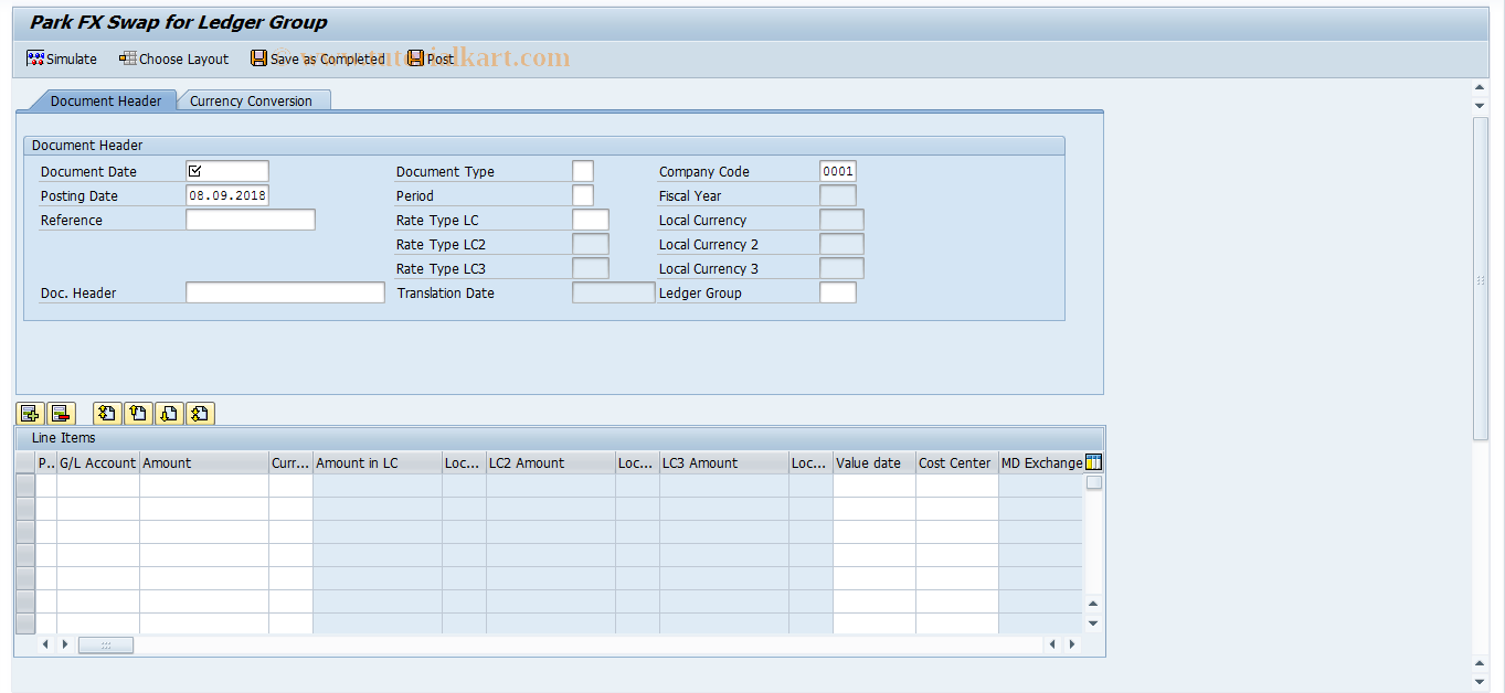 SAP TCode FVMCA01SL - Park FX Swap for Ledger Group