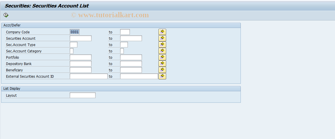 SAP TCode FWDP - Securities account list