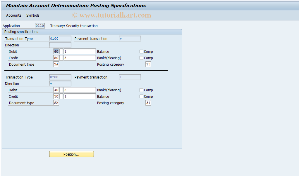 SAP TCode FWZB - Treasury: Account Deter. SEC Transact.