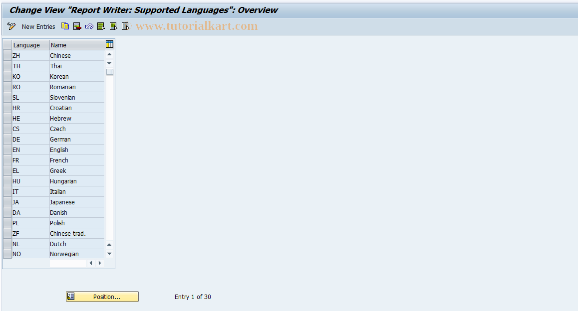 SAP TCode GCRS - Languages for Report Writer