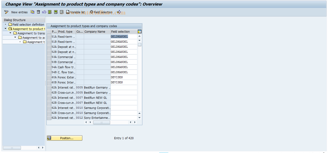 SAP TCode GFTR_C0102 - TR Transaction Mgmt: Field Selection