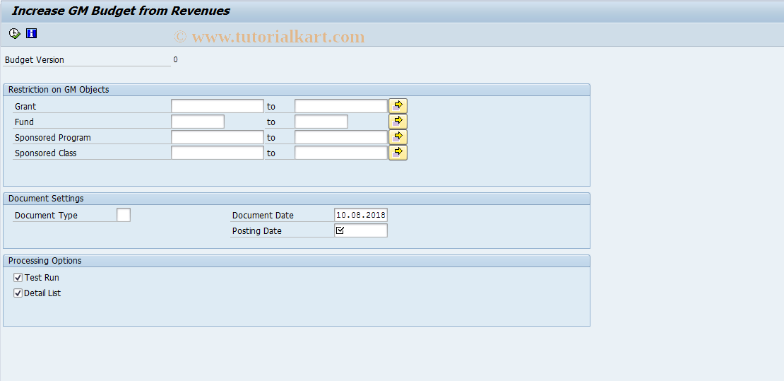 SAP TCode GMMPRBB - Increase Budget from Revenues