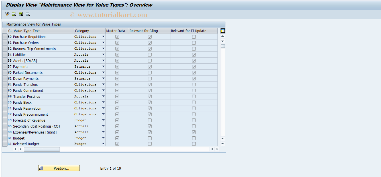 SAP TCode GM_VALUETYPES - Maintain Value Types