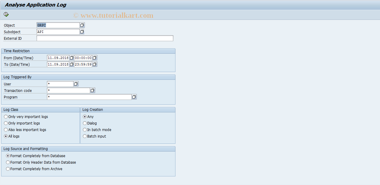 SAP TCode GRPC_LOG_API - Process Controls API Log