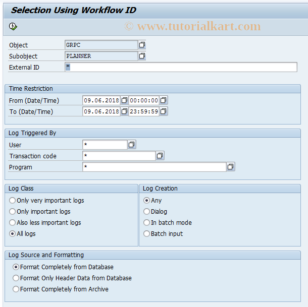 SAP TCode GRPC_WF_SLG1 - Analyze Applicat. Log for Scheduling