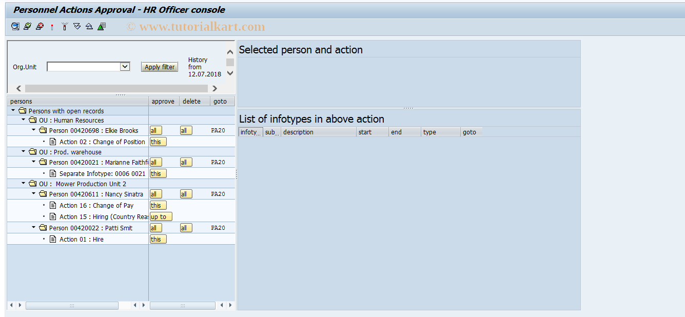 SAP TCode HRPADUN_AAP_CONSDEMO - Personal actions approval console