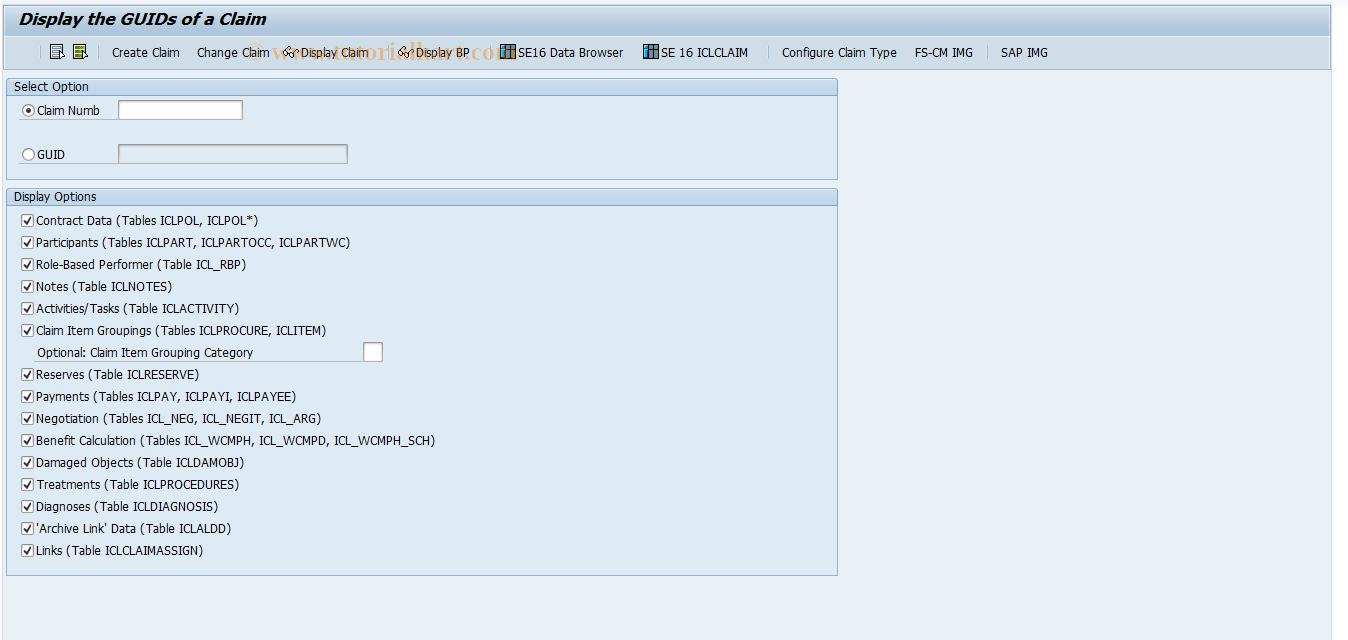 SAP TCode ICLX_CLAIM_GUID - Display GUIDs for a Claim