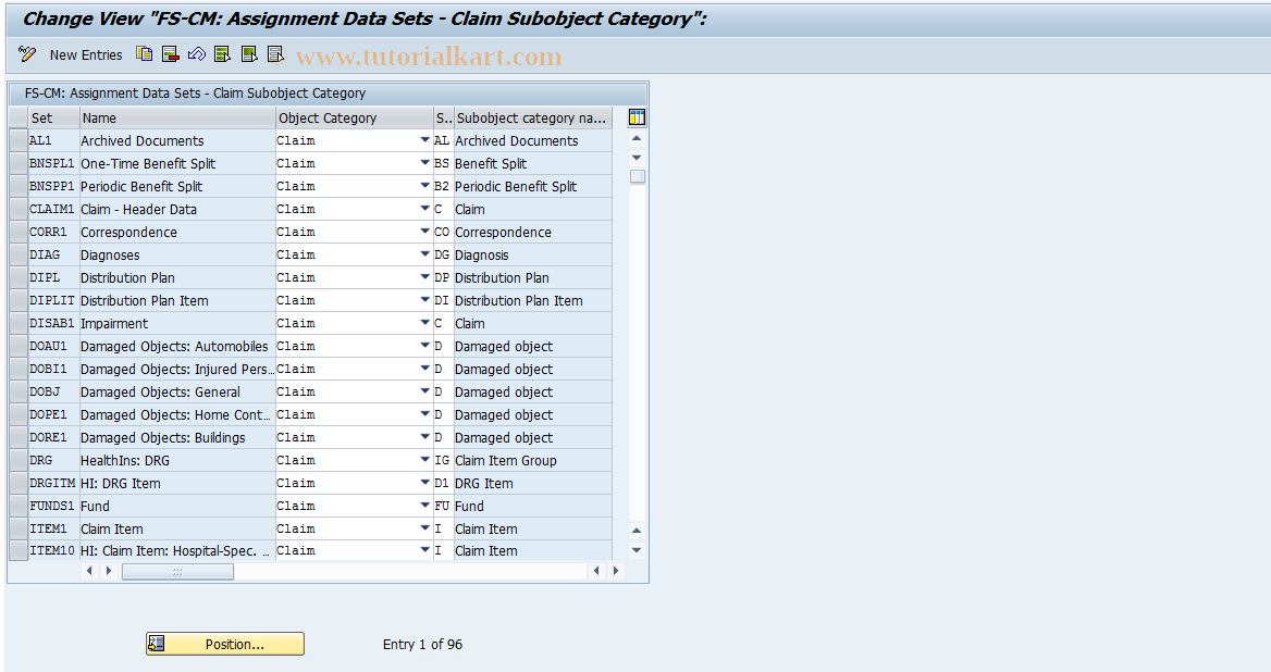 SAP TCode ICL_ICLBDT1 - FS-CM: Data Set -> Claim Subobj.Category 
