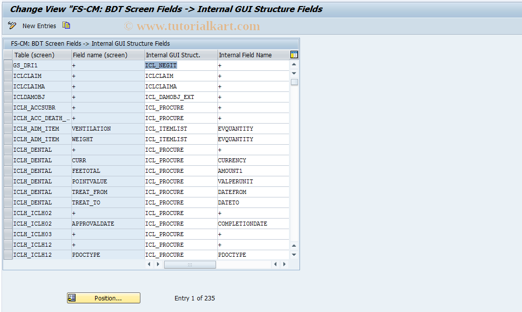 SAP TCode ICL_ICLBDT2 - FS-CM: Assgnmnt BDT ScrnFields -> Int.