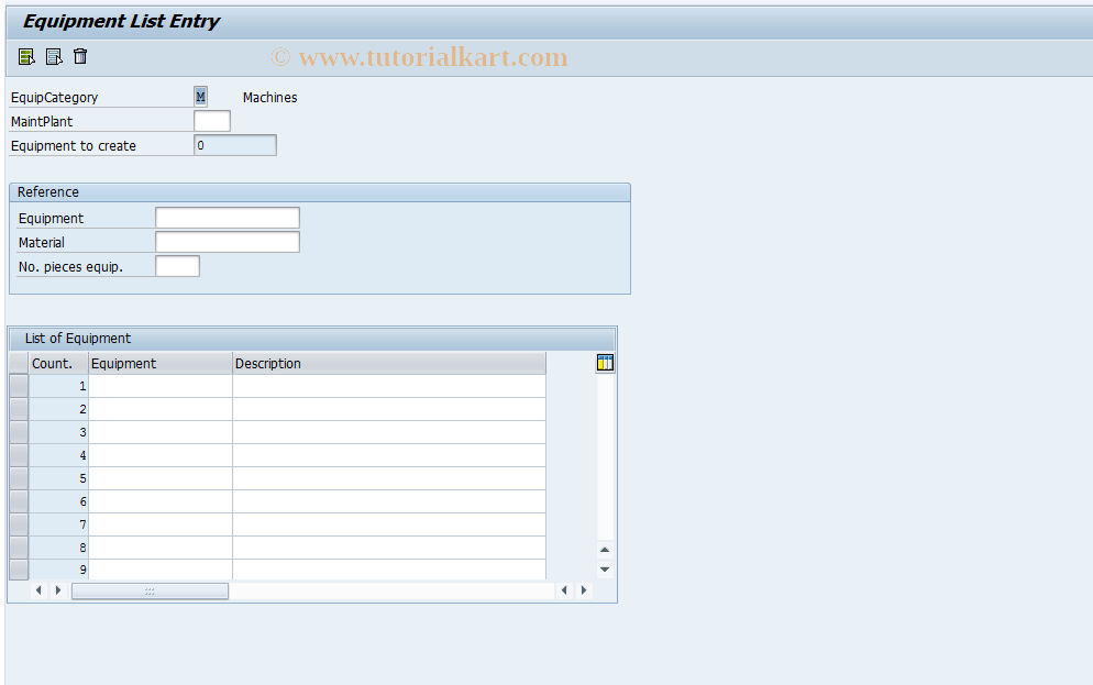 SAP TCode IE10 - Multiple Equipment Entry
