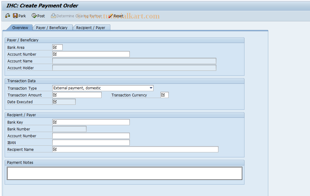 SAP TCode IHC1EP - Create External Payment Order