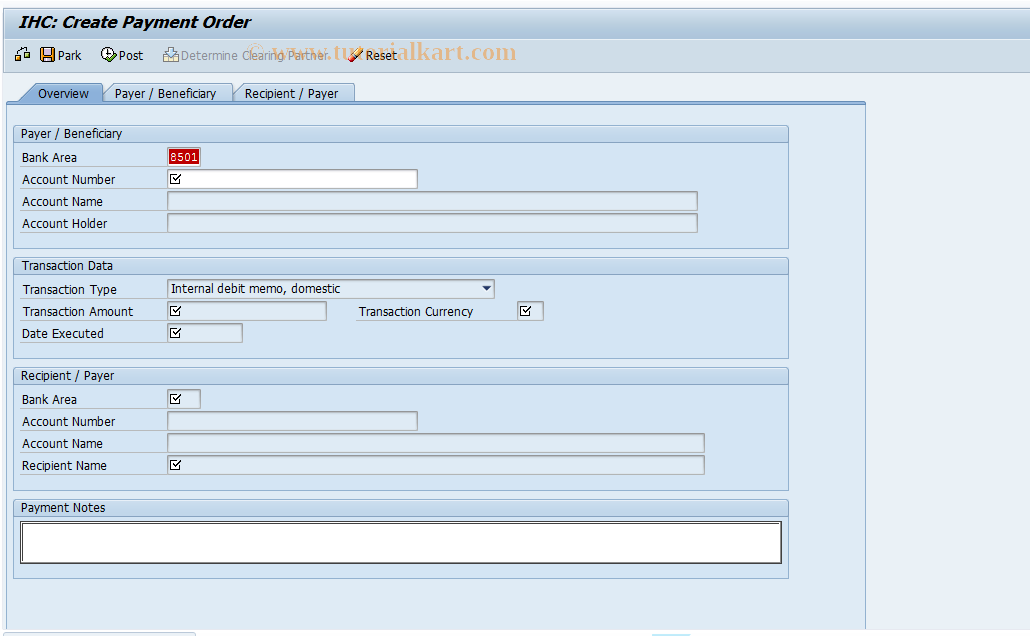 SAP TCode IHC1ID - Create Internal Payment Order