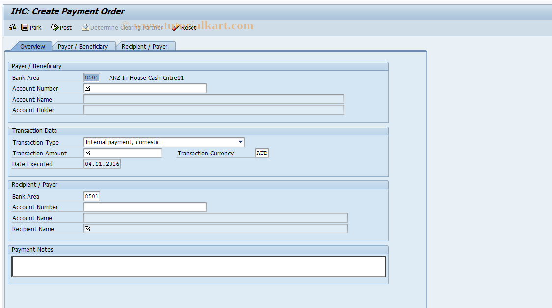 SAP TCode IHC1IP - Create Internal Payment Order