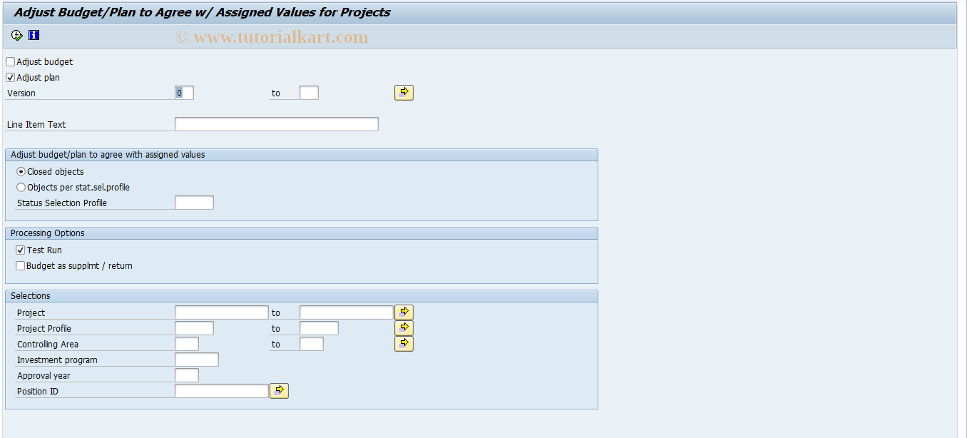 SAP TCode IMPBA3 - Plan/Budget Adjustment (Projects)