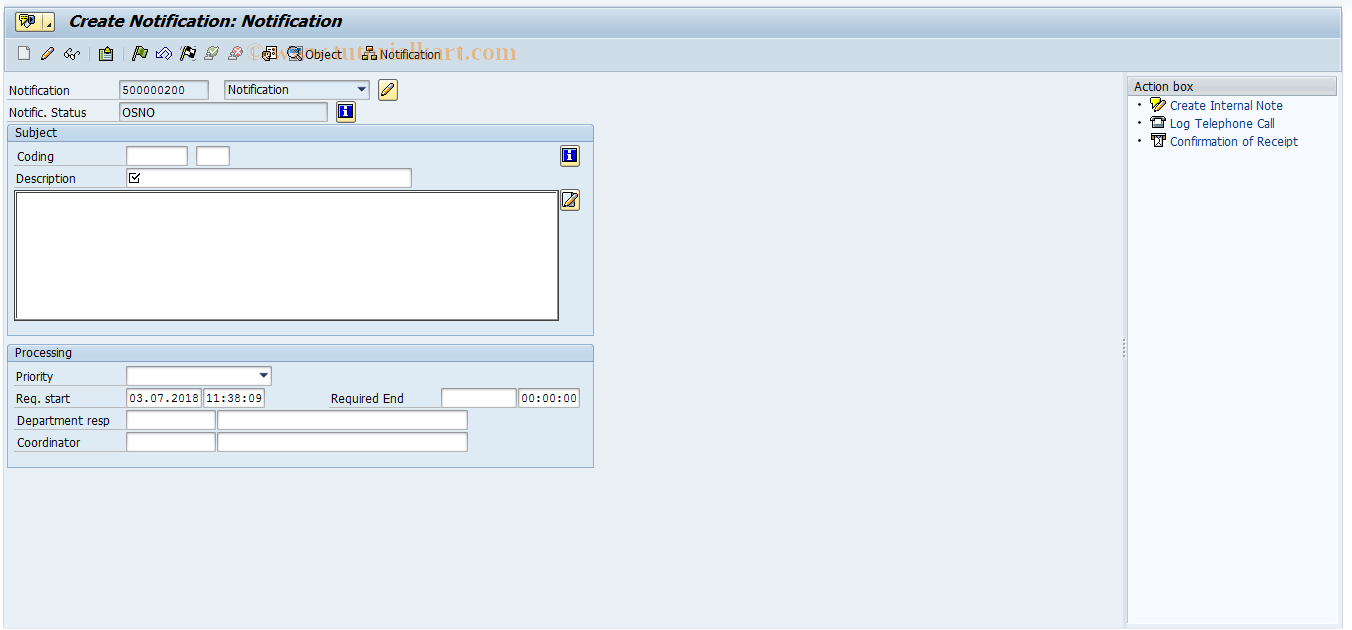 SAP TCode IQS21 - Create Notif. - Simplified View