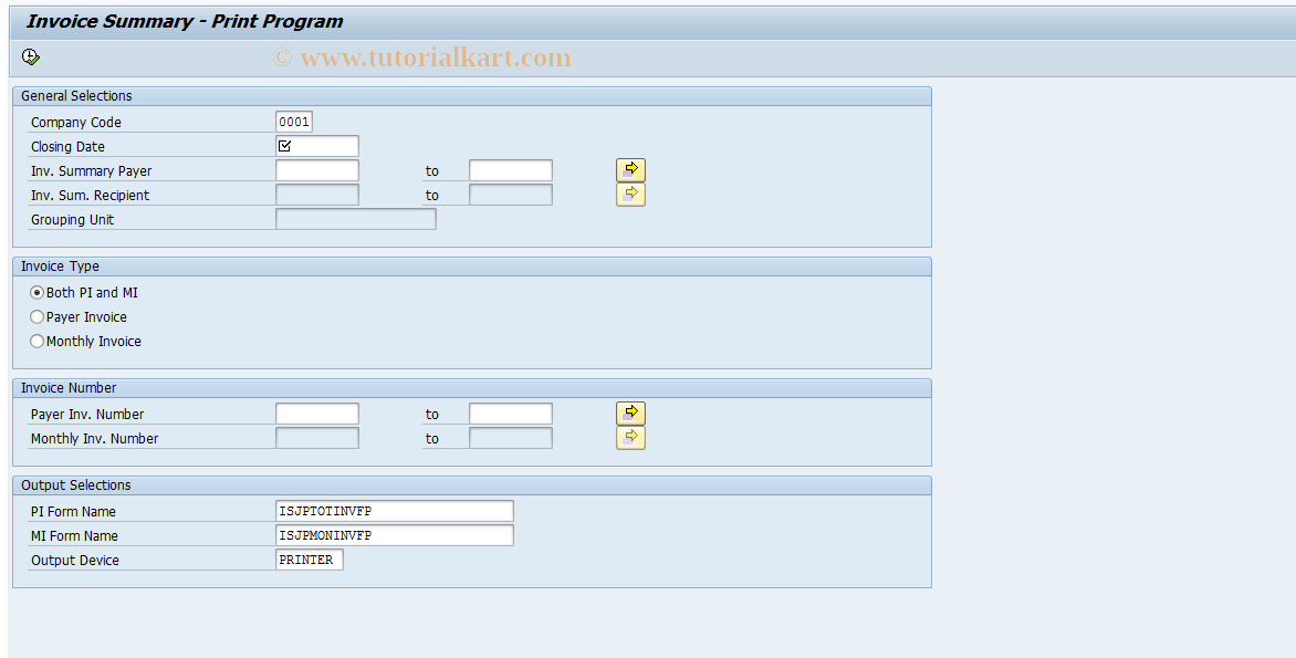 SAP TCode ISJP_PR - Invoice Summary Printing