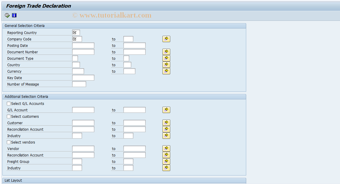 SAP TCode ITSR00 - Foreign Trade Declaration (Generic)