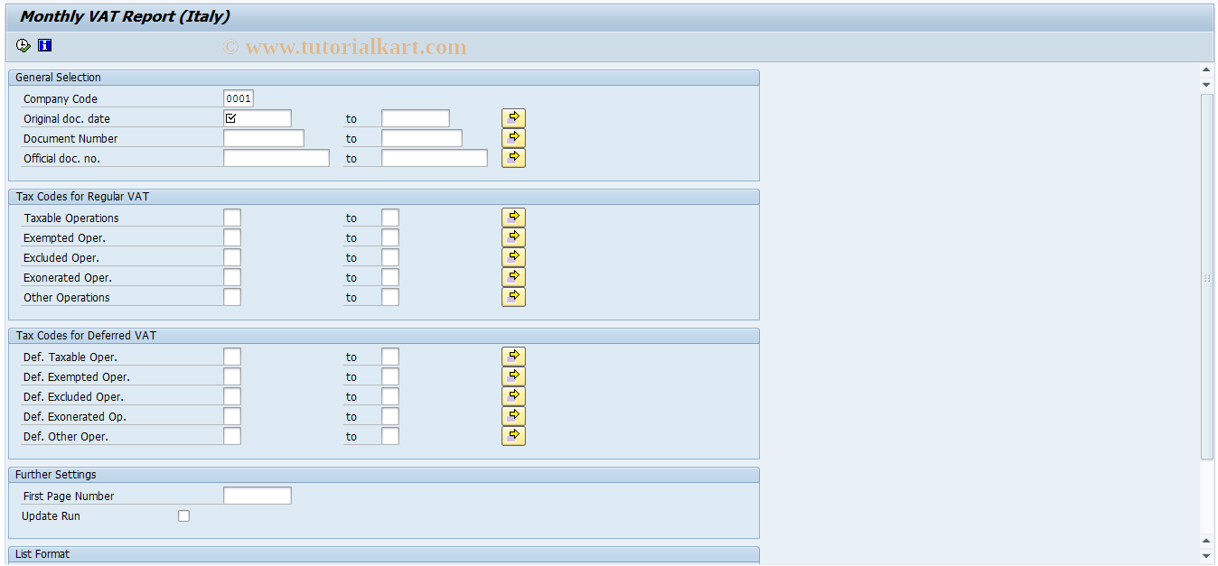 SAP TCode ITVAT_M - Monthly VAT report for Italy