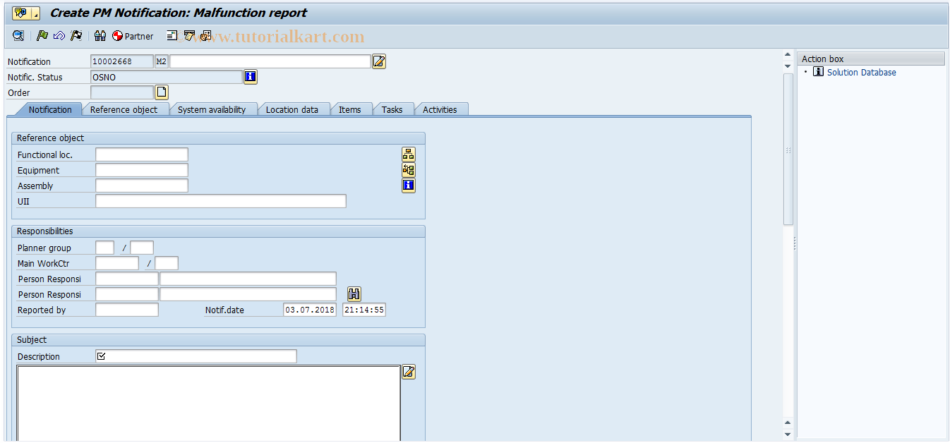 SAP TCode IW24 - Create PM Malfunction Report