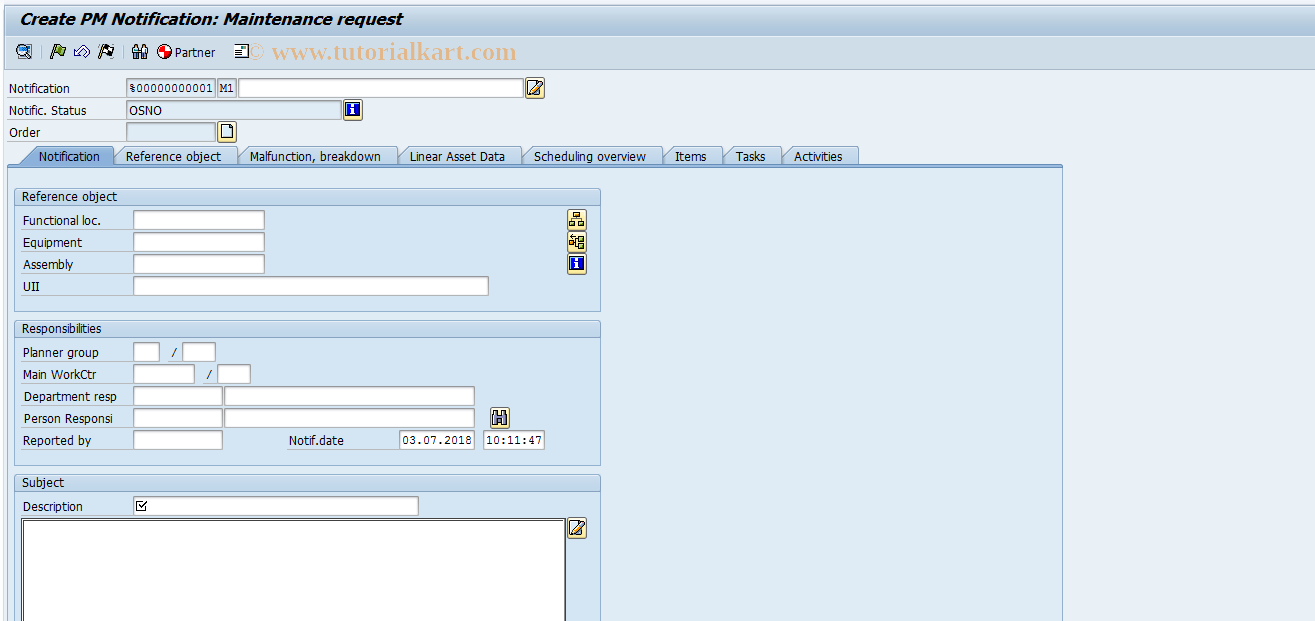 SAP TCode IW26 - Create Maintenance Request
