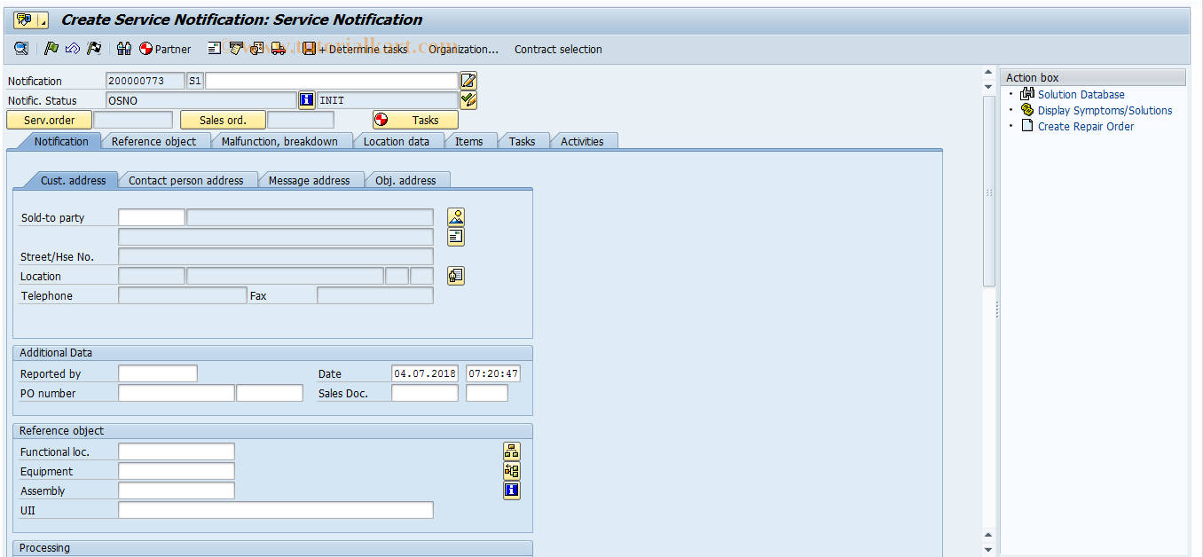 SAP TCode IW51 - Create Service Notification-General
