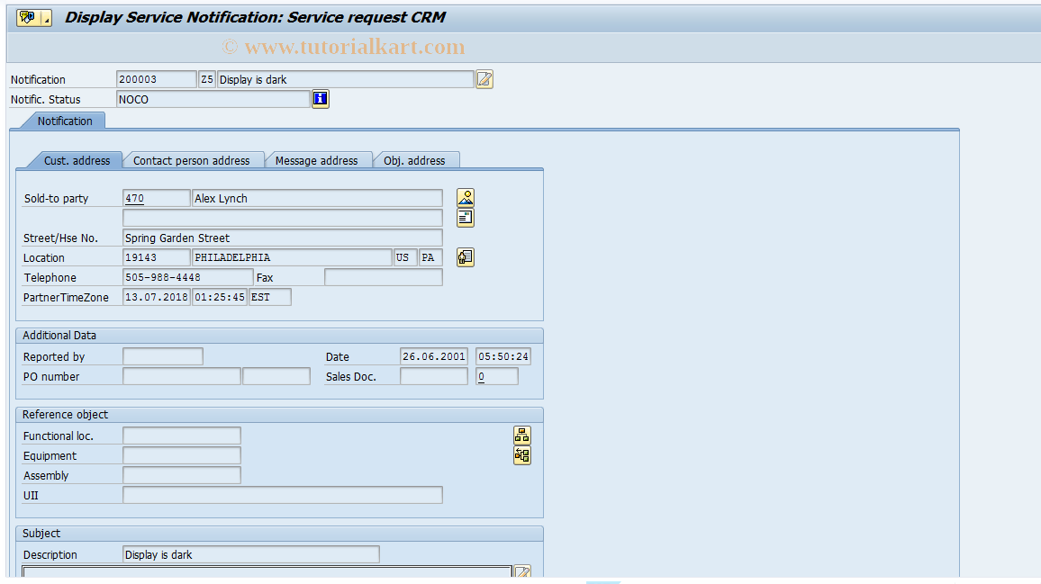 SAP TCode IW53 - Display Service Notification