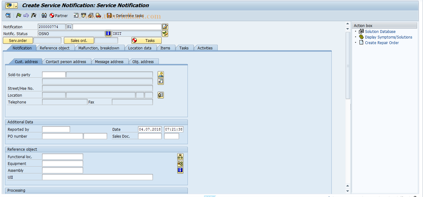 SAP TCode IW54 - Create Service Notification-Malfn.