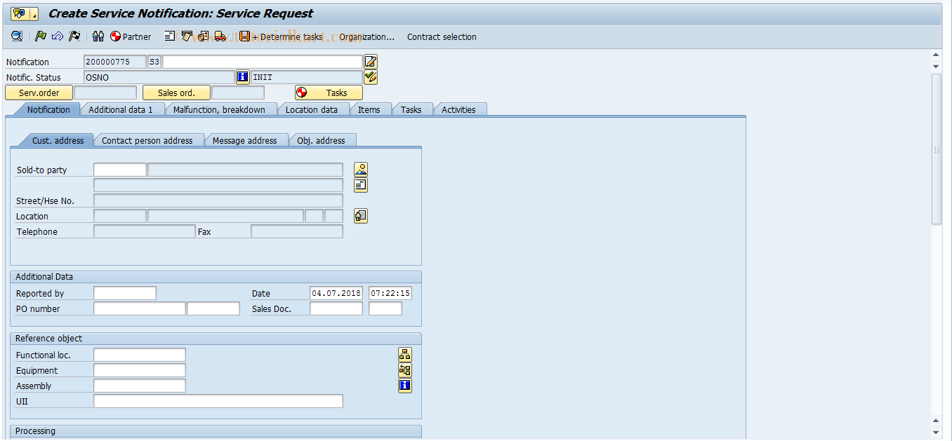 SAP TCode IW56 - Create service request