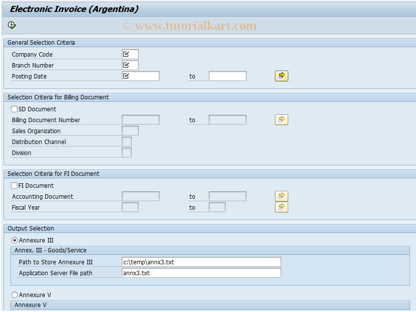 SAP TCode J1ACAE - Argentina Electronic Invoice