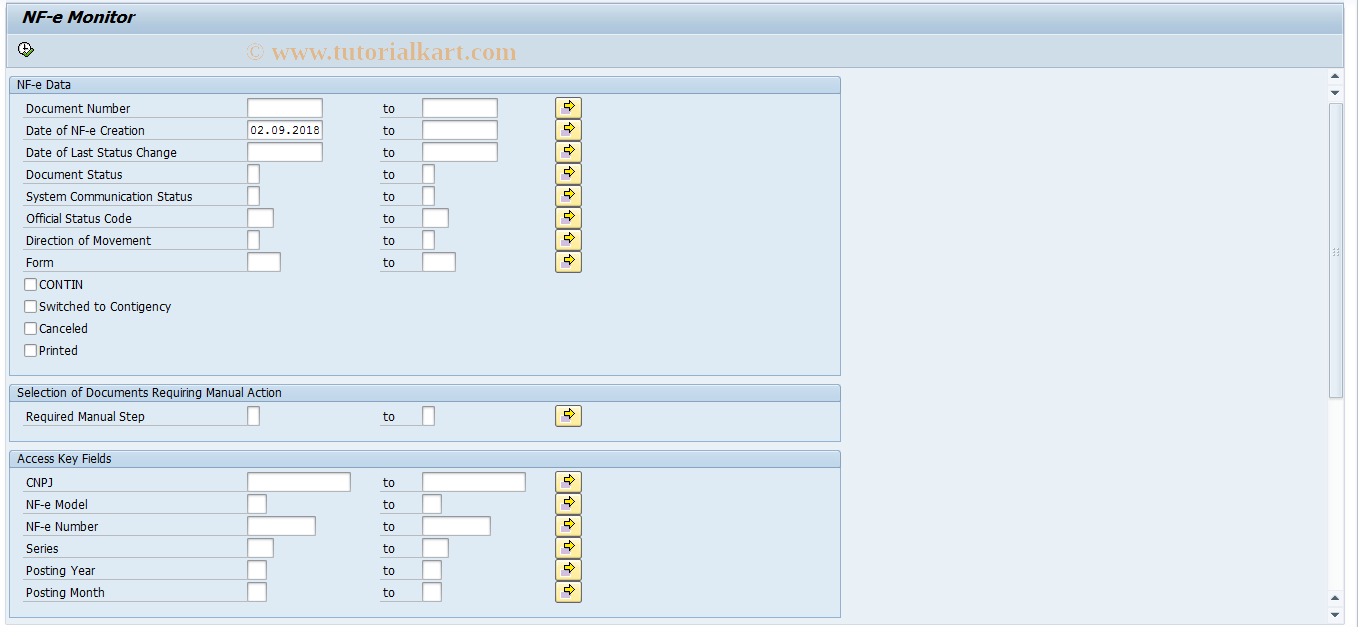 SAP TCode J1BNFE - NF-e/CT-e Monitor