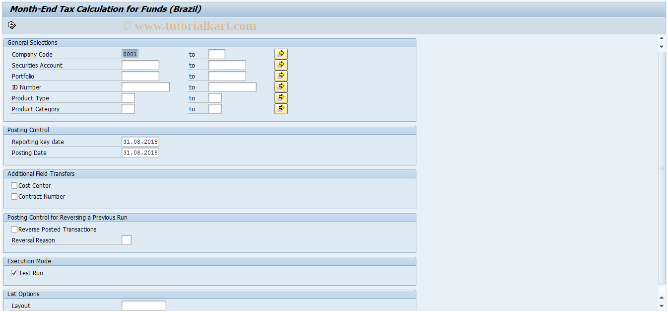 SAP TCode J1BTRMFME - Month End Tax Calculation for Funds