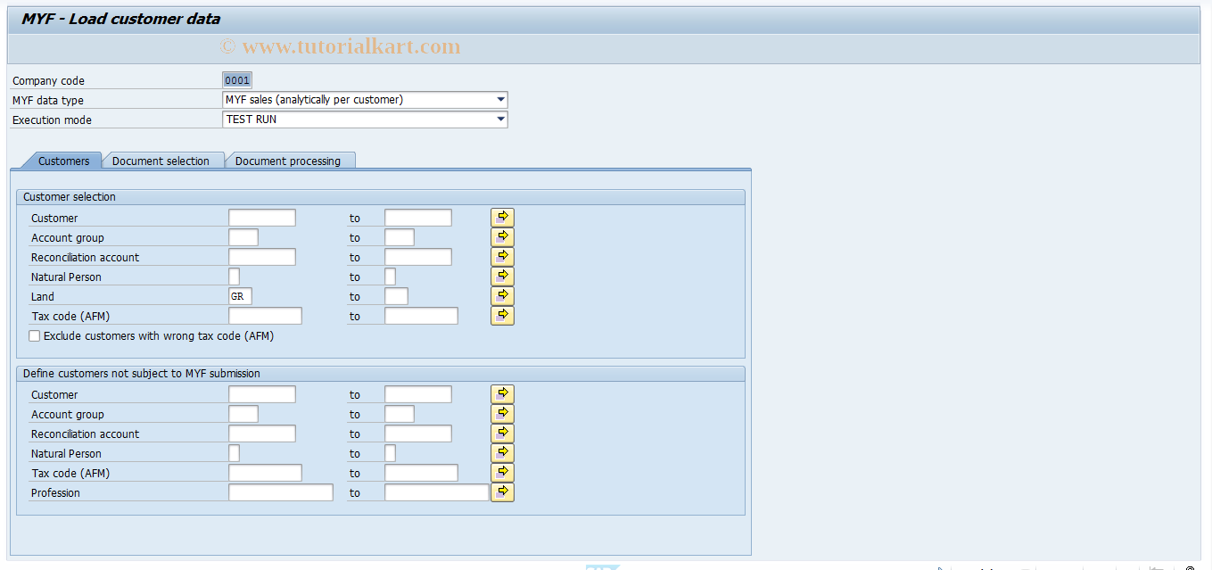 SAP TCode J1G4 - MYF - Load customer data