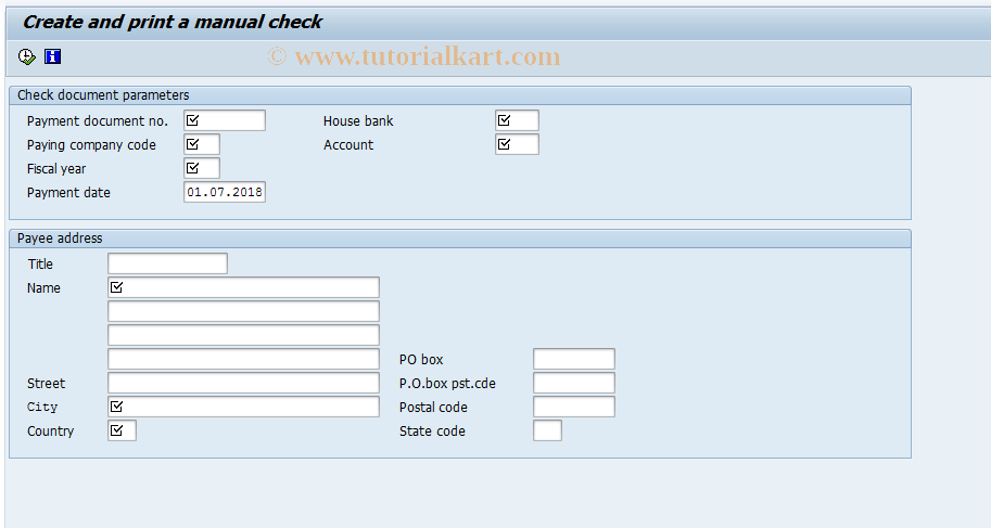 SAP TCode J1GCKCP0 - Create and print G/L Account checque