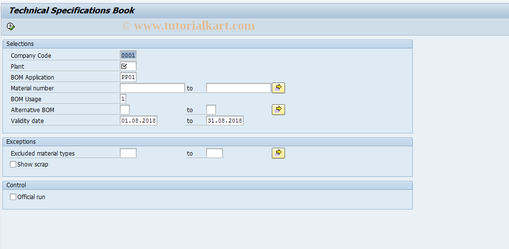 SAP TCode J1GTSB - Technical Specifications Book