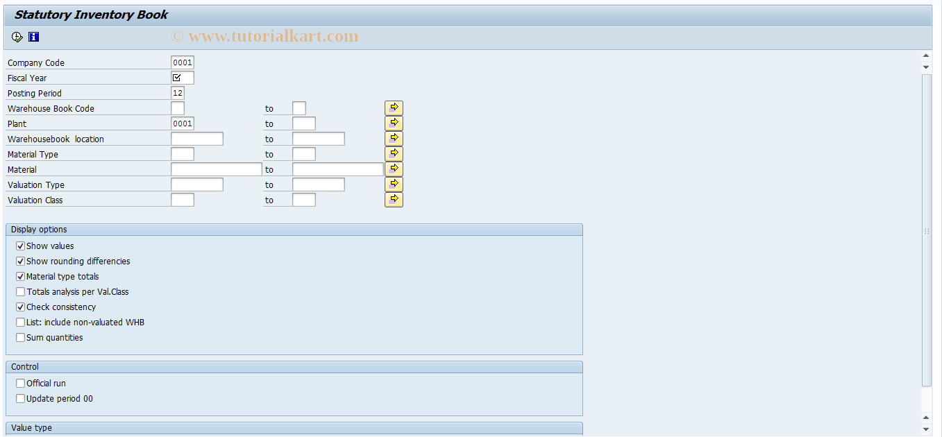 SAP TCode J1GVL_INVB - Inventory book